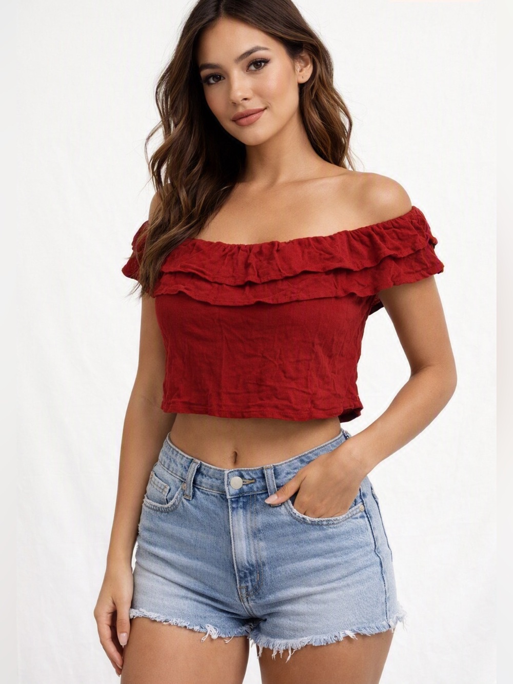 Clothing LA  Women’s off the shoulder Ruffle blouse in dark mauve sz S